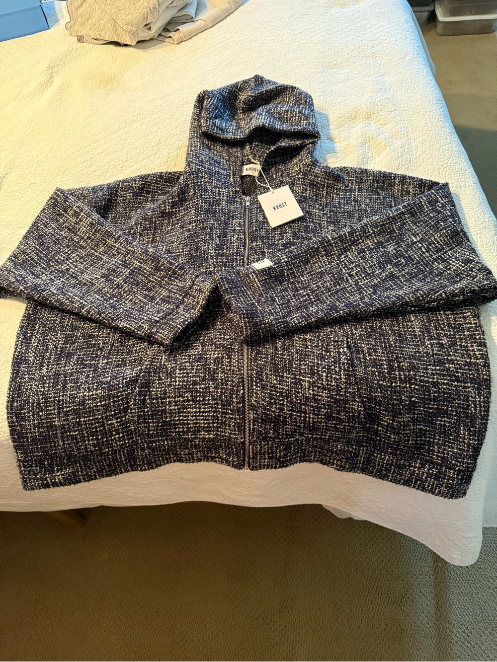 KROST Navy and White Zip-Up Hooded Cardigan